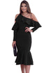 Sexy Black Asymmetric Slope Shoulder Mermaid Ruffle Dress